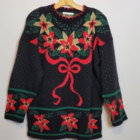 Vintage Christmas Sweater Poinsettia Black Red Dana Scott Acrylic Size Medium - Picture 1 of 15